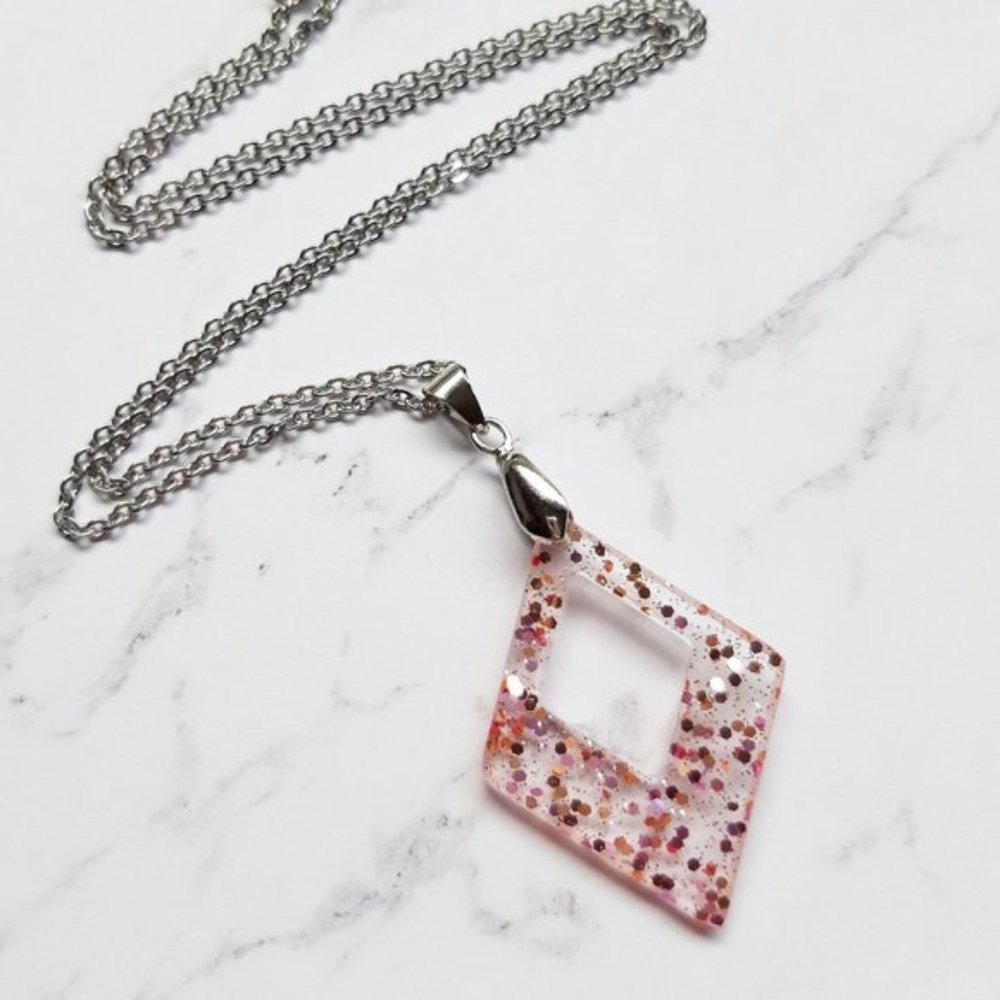 Pink and Rose Gold Pendant Necklace Glitter Sparkling Open Diamond Shaped